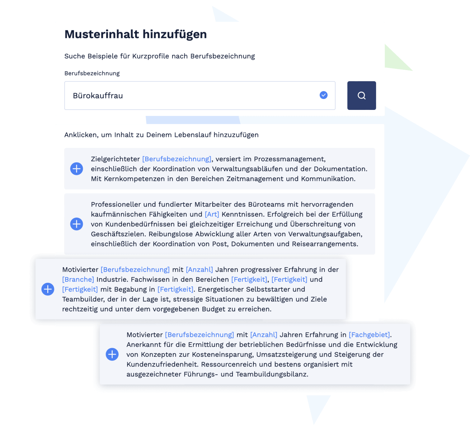 Lebenslauf-Editor mit vielen Textvorschlägen